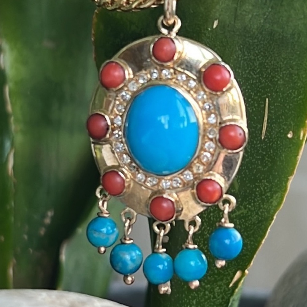 14 karat gold, turquoise, and coral necklace.